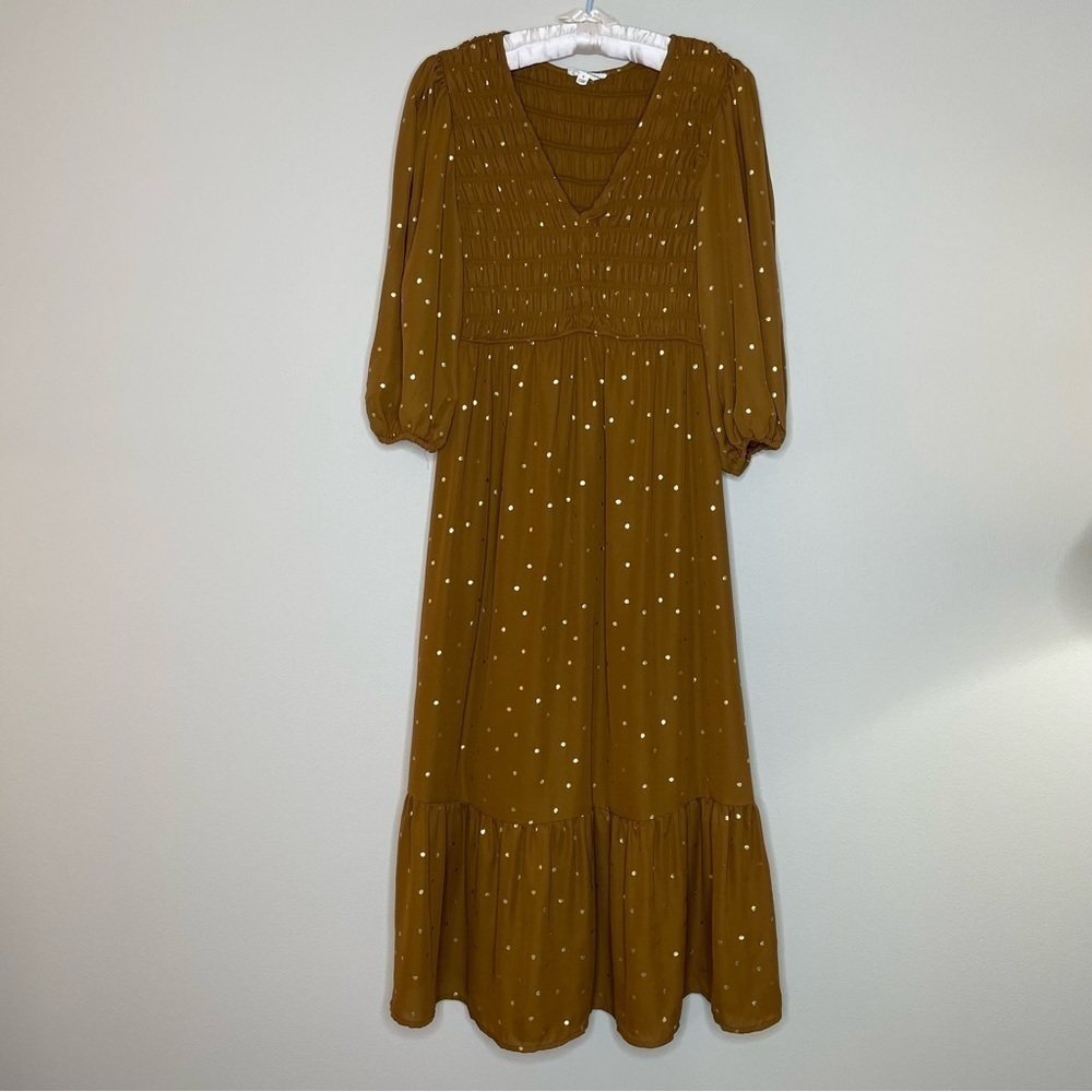 by the River Golden Brown Crepe Midi Dress with Gold Polka Dots Smocked Top